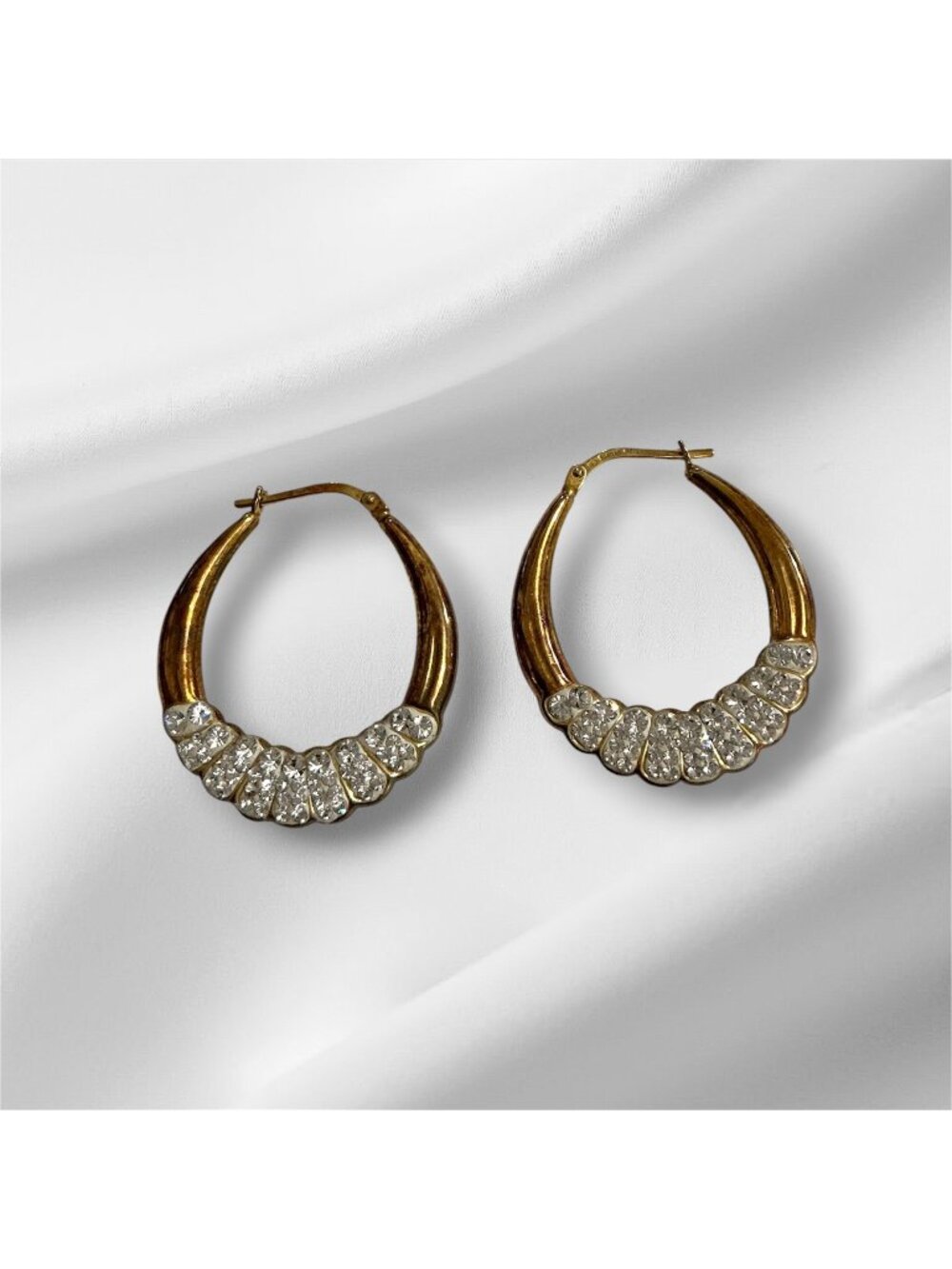 Vintage Vermeil Sterling Silver Scalloped Shrimp Design Hoop Earrings  CZ Stones